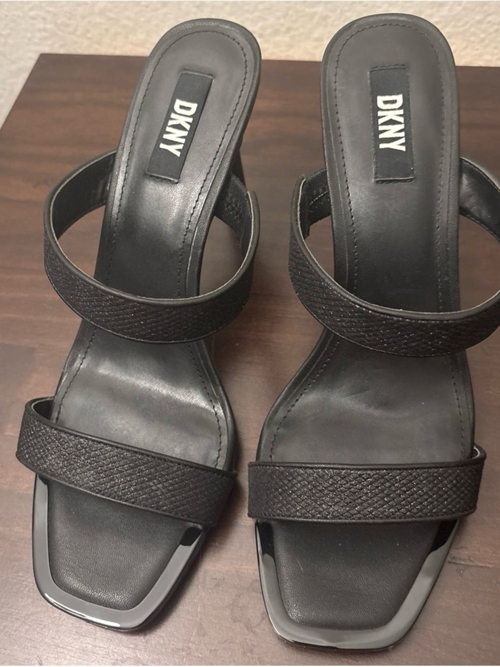 DKNY Black Double-Strap Square-Toe Leather Slide Heels